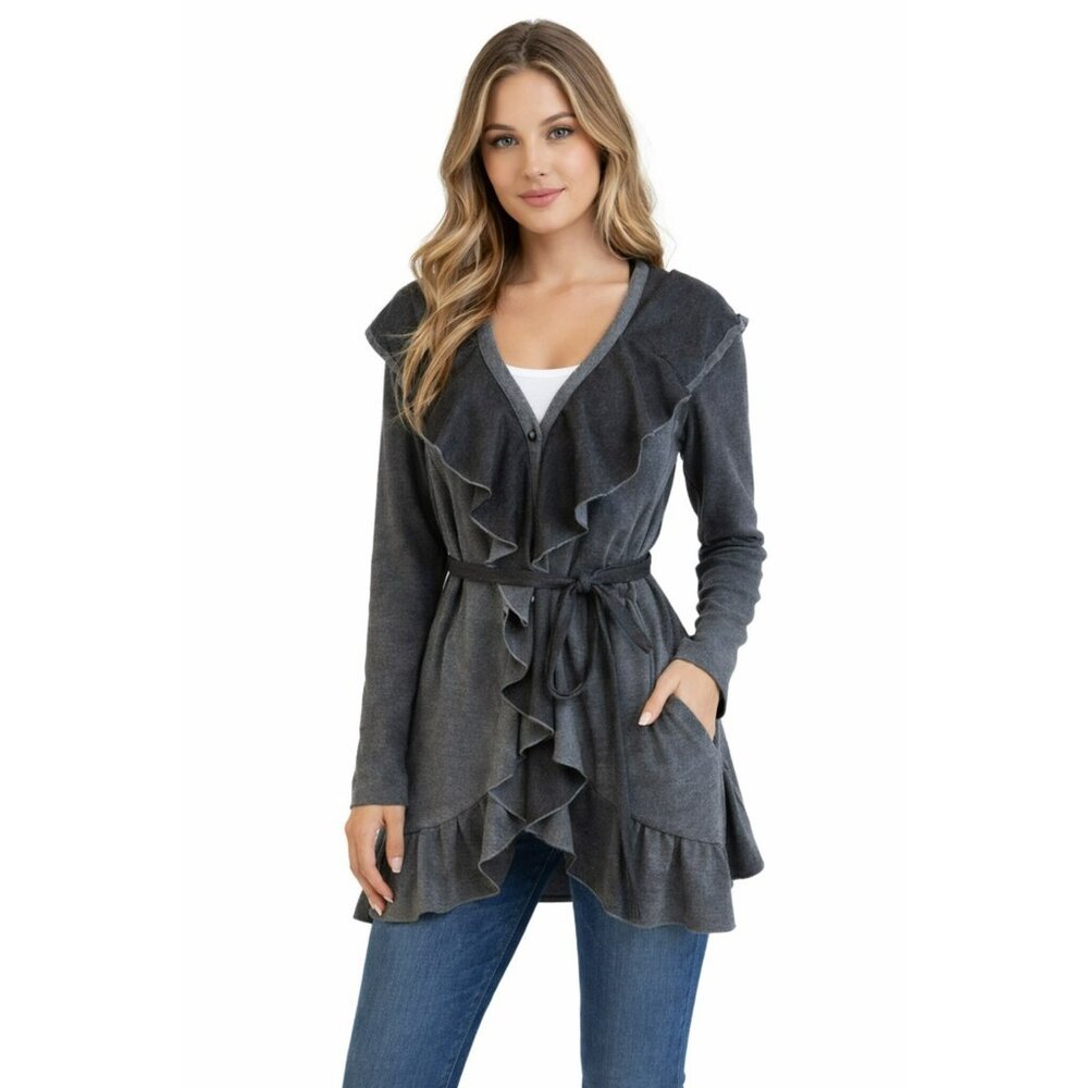 NWT Rare Samuel Dong Belted Ruffle Front Cardigan Coat Small Gray Polyester Blen